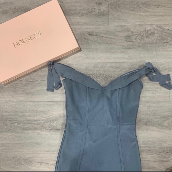 House Of CB: Solaine Slate Blue Sweetheart off the Shoulder Bandage Dress - Picture 2 of 4